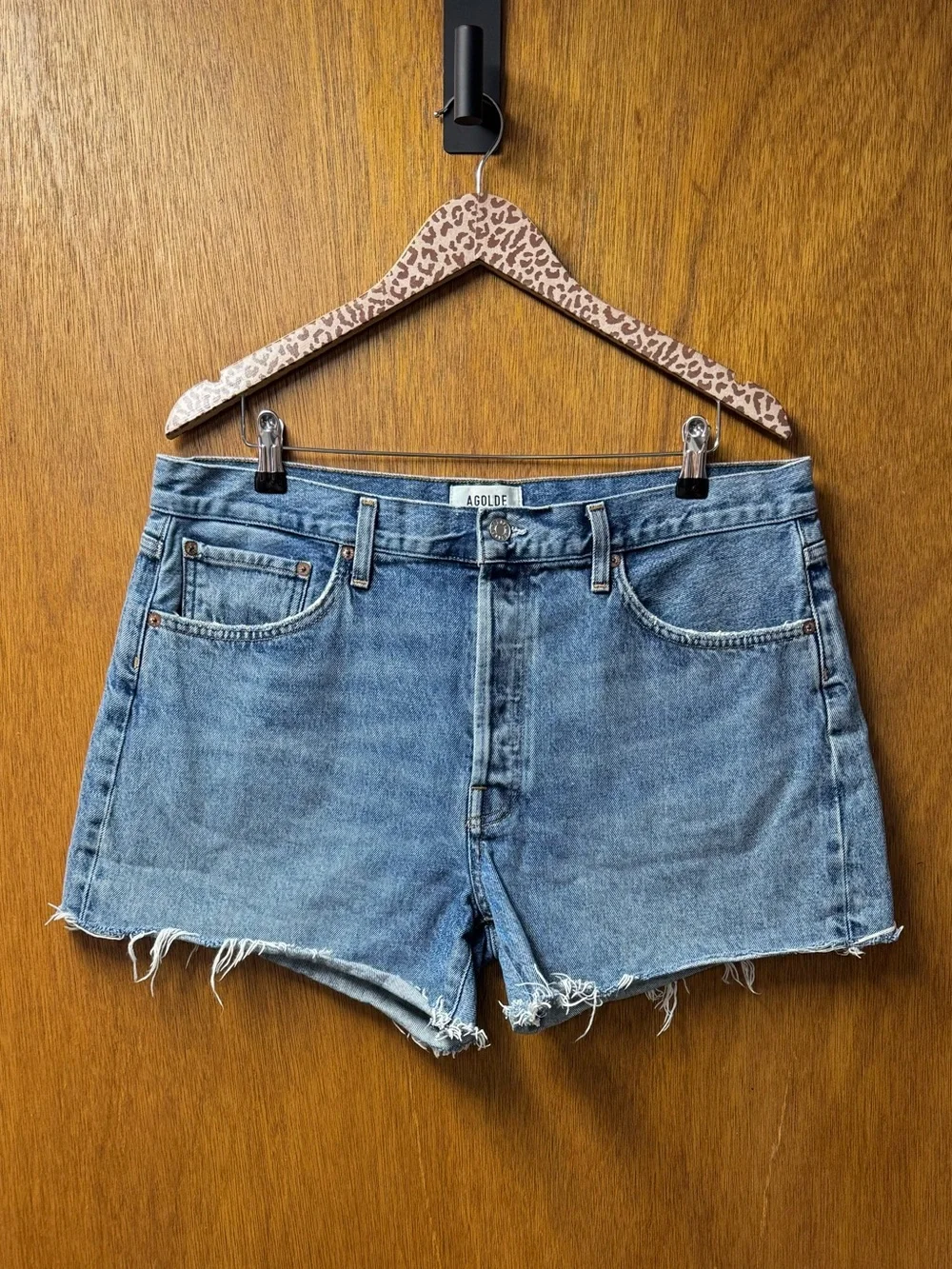 AGOLDE Parker Long Cutoff Denim Jeans Jorts Skywave Medium Blue Wash 32 $148